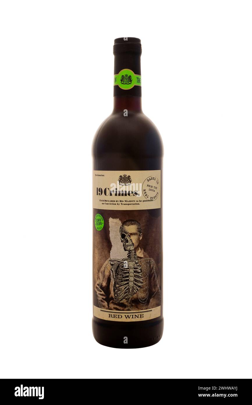 special edition glow in the dark label bottle 19 crimes red wine cut out on white background Stock Photo