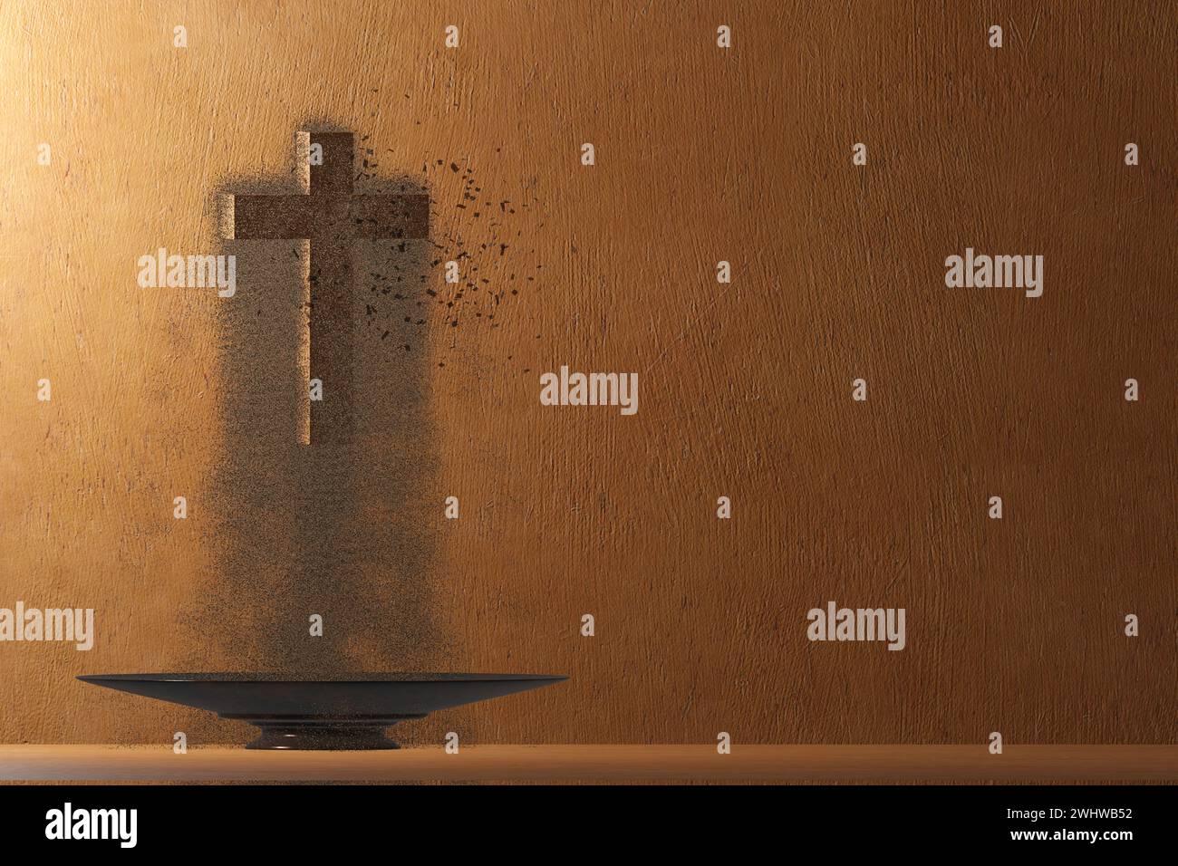 Ash Wednesday. Lent. Religious cross with ashes on wooden background. Stock Photo