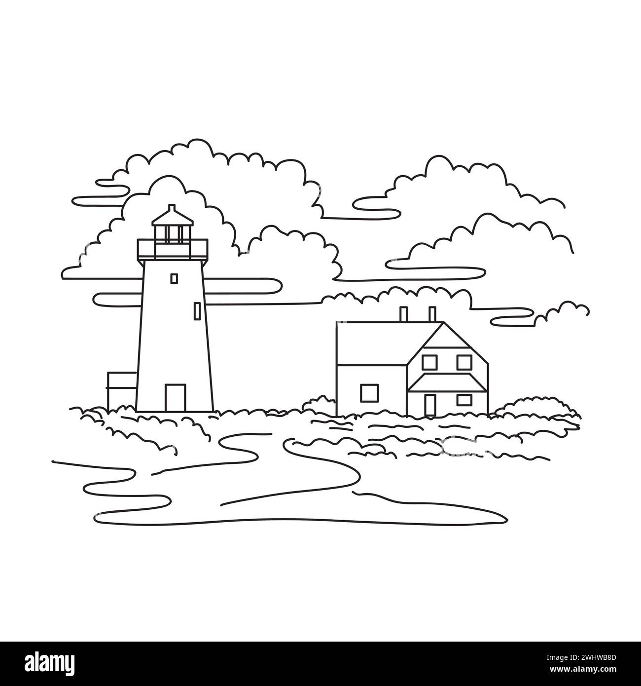 Race Point Light or Lighthouse on Cape Cod Massachusetts USA  Mono Line Art Stock Photo