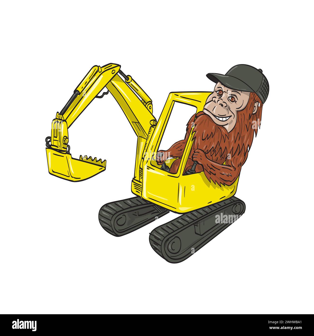 Sasquatch  Bigfoot Wearing Operating Mechanical Digger Excavator Cartoon Drawing Color Stock Photo