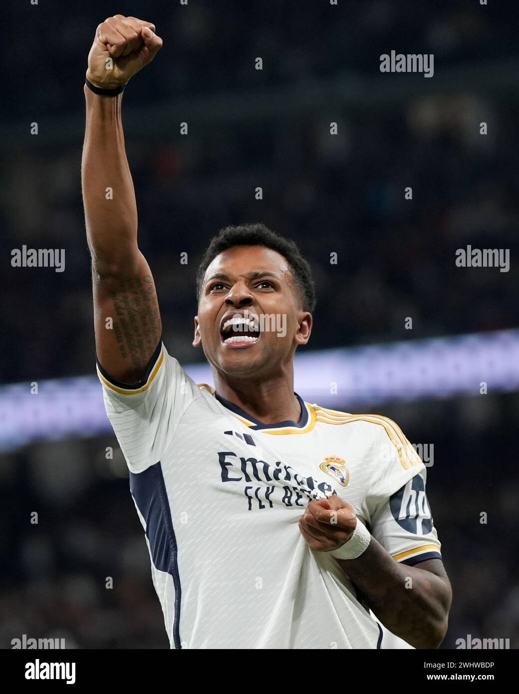 Madrid, Spain. 10th Feb, 2024. Rodrygo Goes of Real Madrid celebrates during the La Liga match between Real Madrid and Girona FC played at Santiago Bernabeu Stadium on February 10 2024 in Madrid, Spain. (Photo by Cesar Cebolla/PRESSINPHOTO) Credit: PRESSINPHOTO SPORTS AGENCY/Alamy Live News Stock Photo