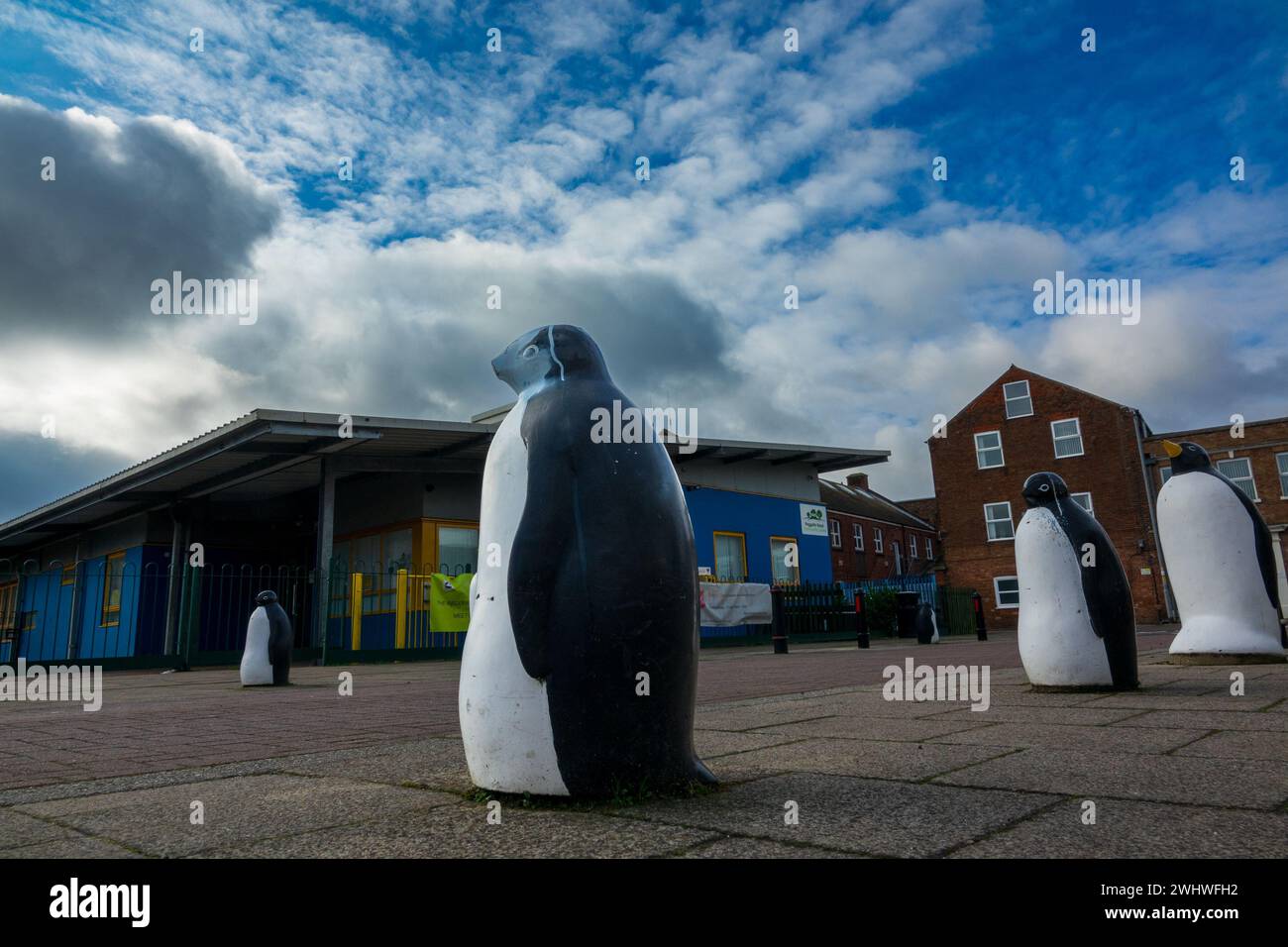 penguin bollards, peggotty road penguins, great yarmouth Stock Photo