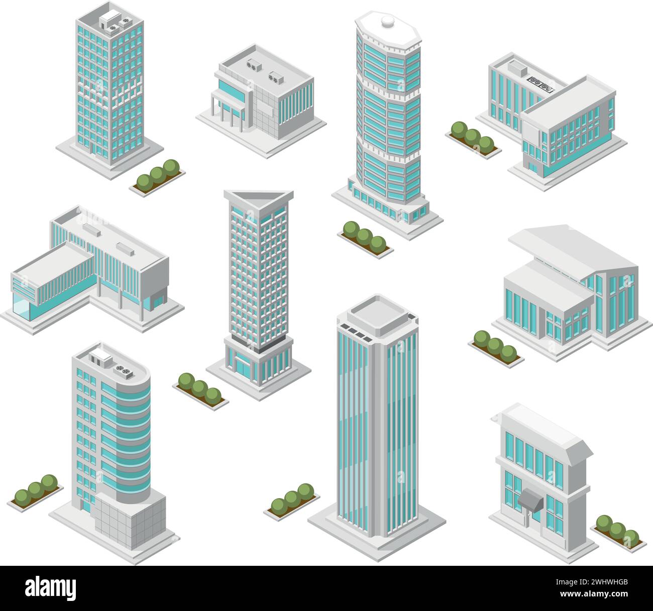 Isometric urban city buildings. Isolated skyscrapers, modern apartment building and private houses. Social and public architecture, flawless vector Stock Vector