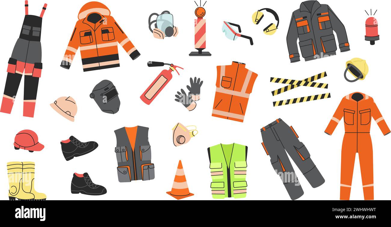 Protective uniform, clothes and equipment. Builders, construction, road ...