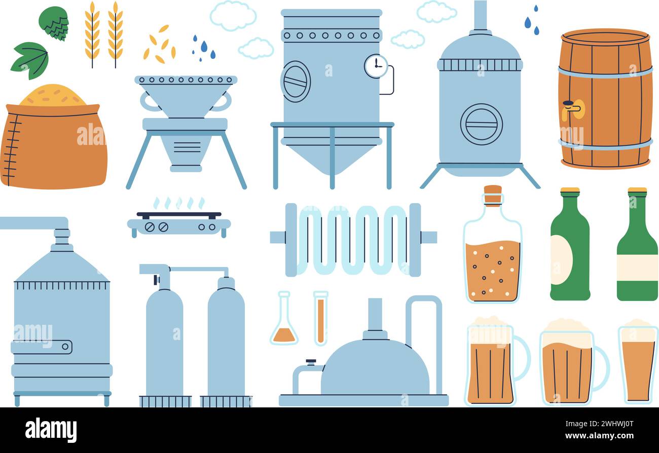 Flat beer elements. Home or industrial brewery equipment. Bottles and various glasses, wood barrel and hops. Craft drink industry, decent vector set Stock Vector