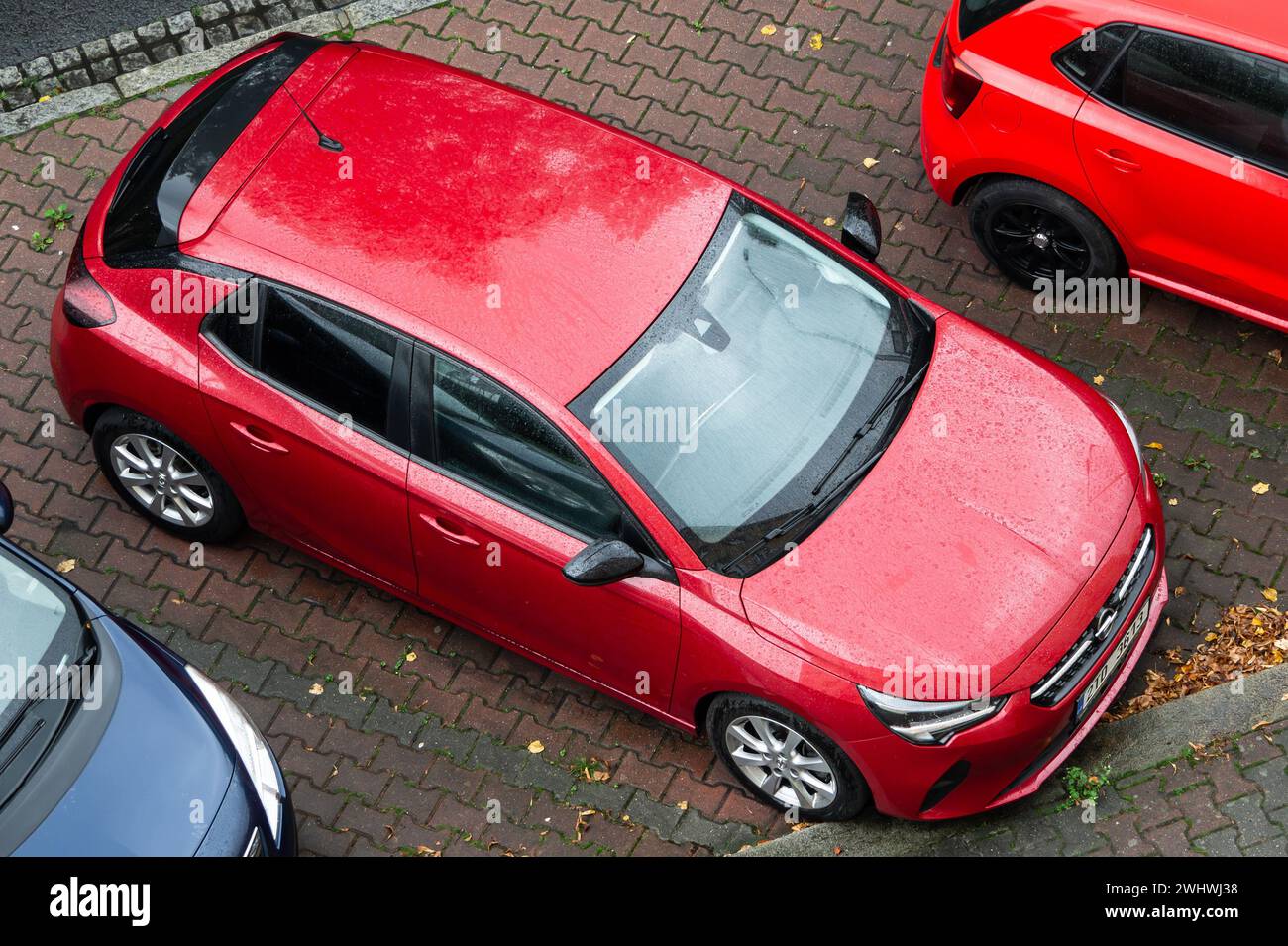 OSTRAVA, CZECH REPUBLIC - SEPTEMBER 30, 2023: Opel Corsa F small hatchback parked on street, top view Stock Photo