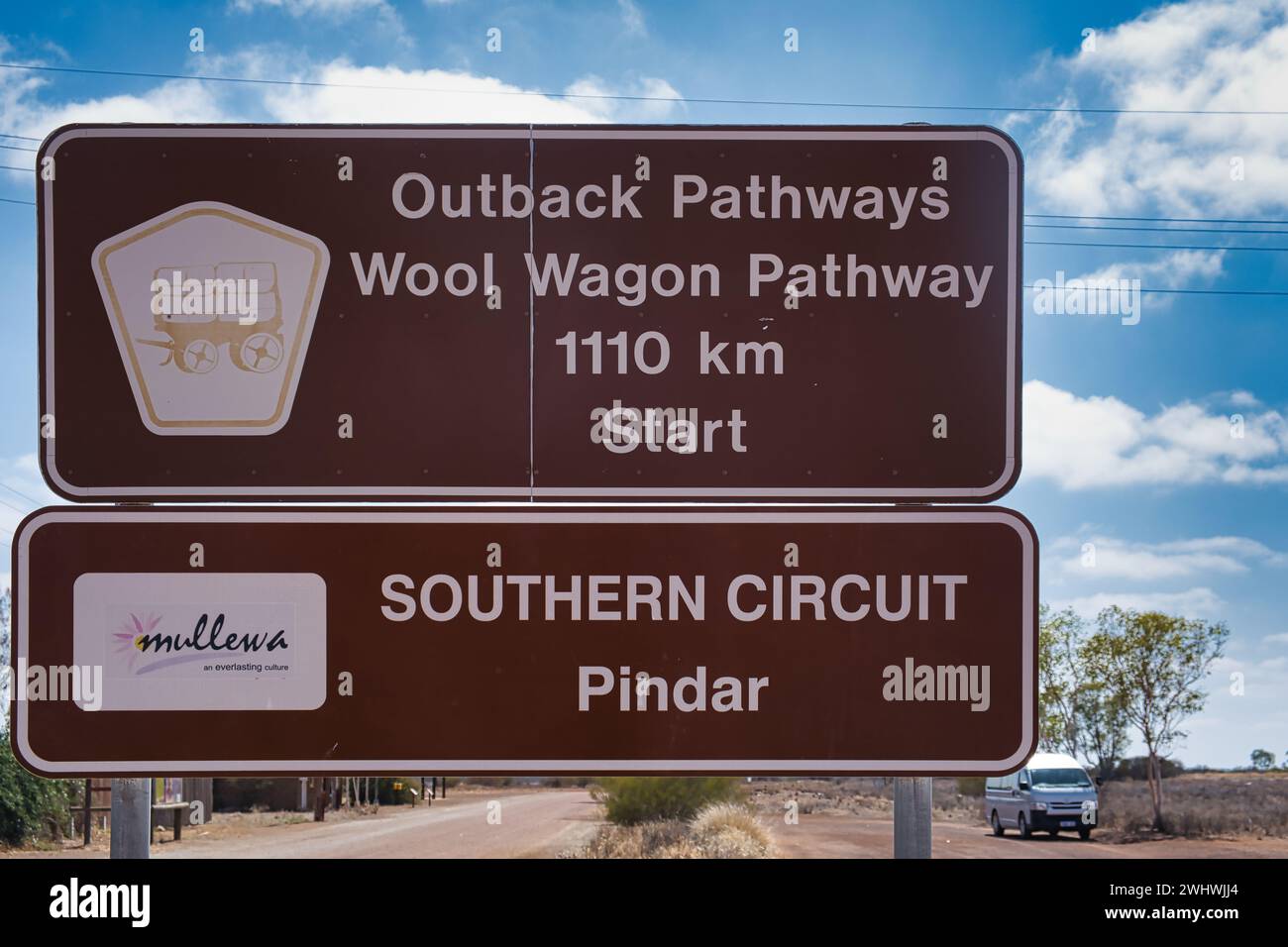 Sign with logo at the start of the Wool Wagon Pathway, from inland Pindar to coastal Exmouth, via unpaved roads through the outback. Stock Photo