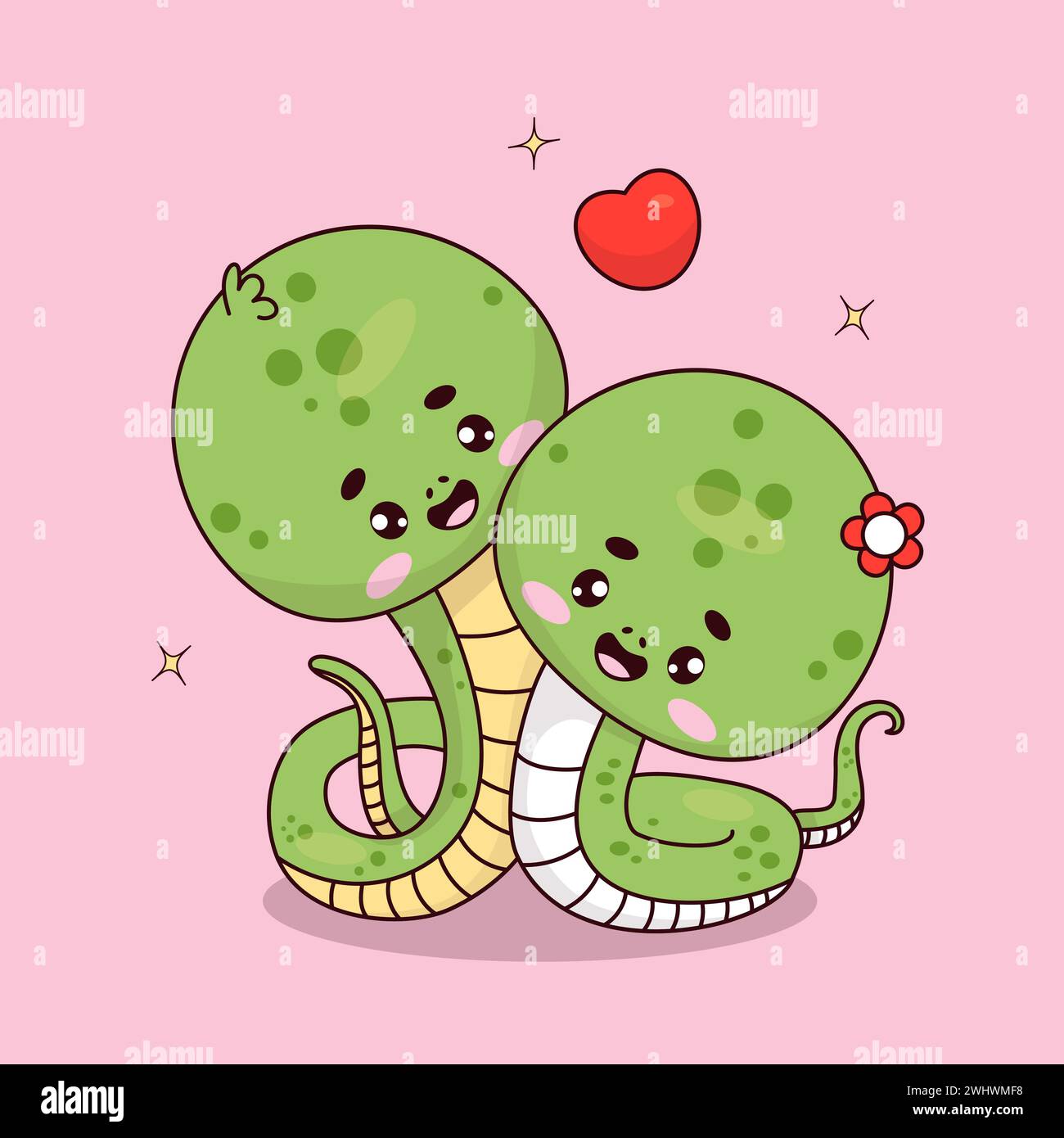 Couple cute snake in love. Romantic reptile girl and boy with heart kawaii characters. Vector illustration Stock Vector