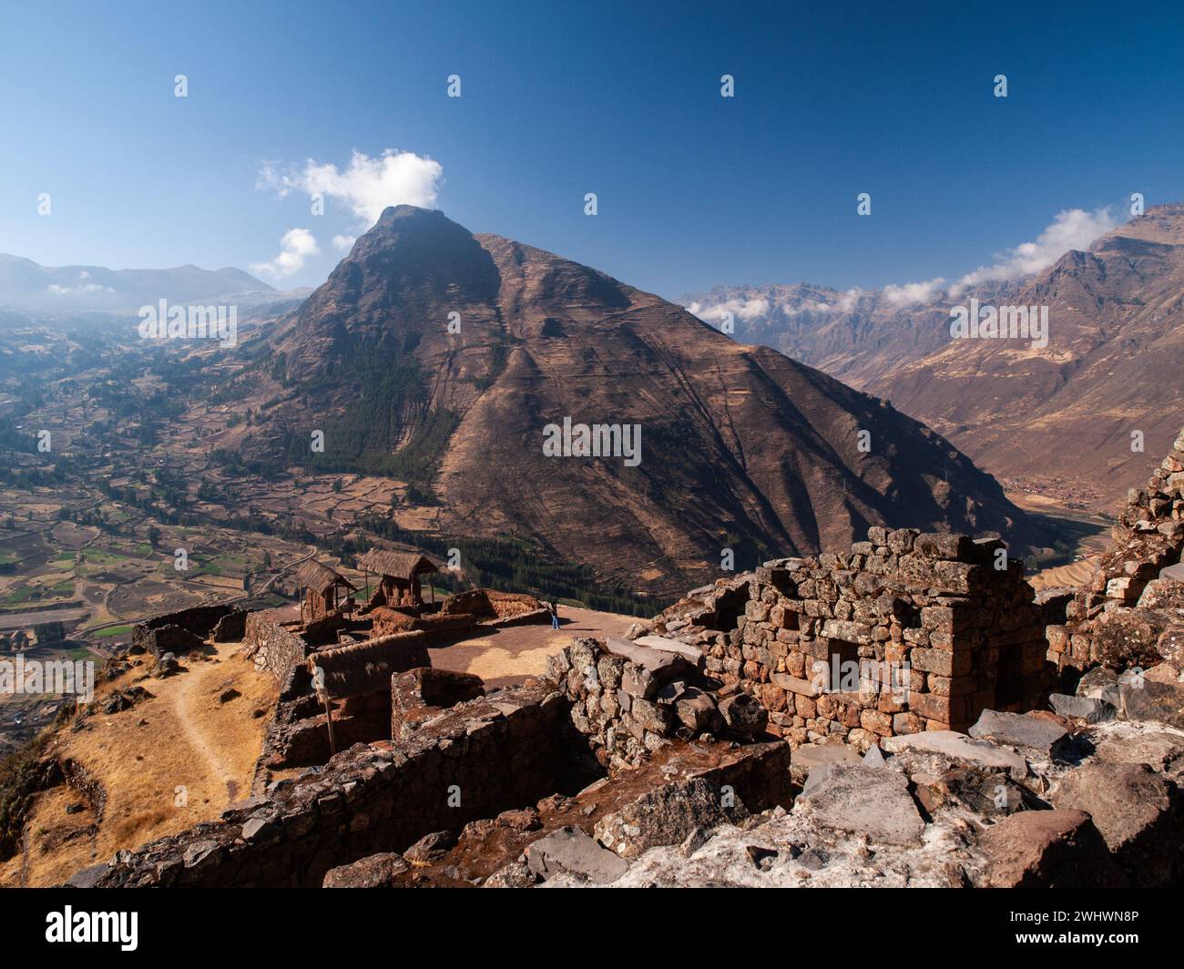 Landscape photography of Andean mountains from the archaeological remains in the Sacred Valley of the Incas in Pisac, Calca, Peru. Stock Photo
