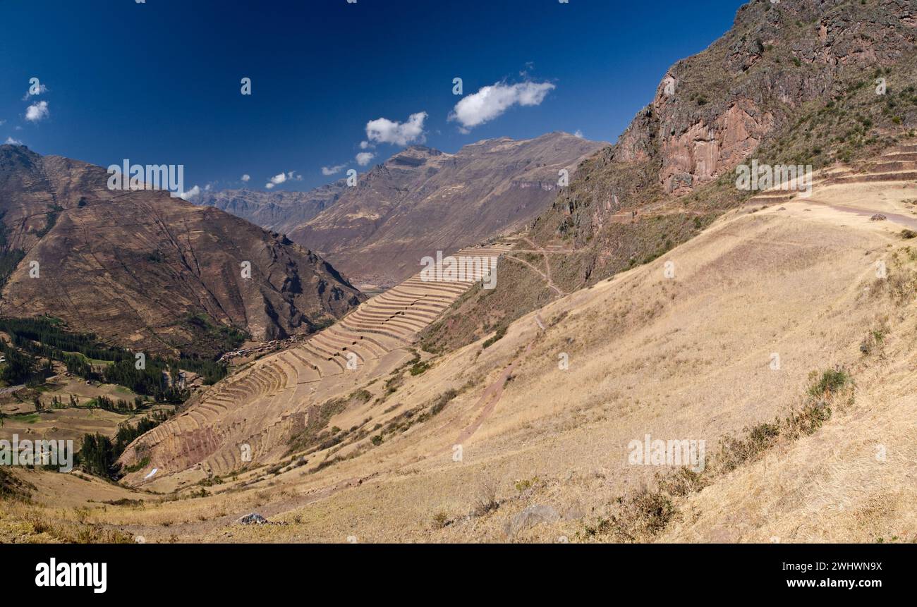Panoramic view of the archaeological complex of Pisaq, Calca, Peru Stock Photo