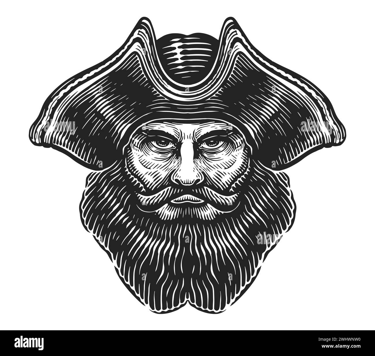 Vector illustration of a pirate head. Hand drawn evil corsair with mustache and beard wearing cocked hat Stock Vector