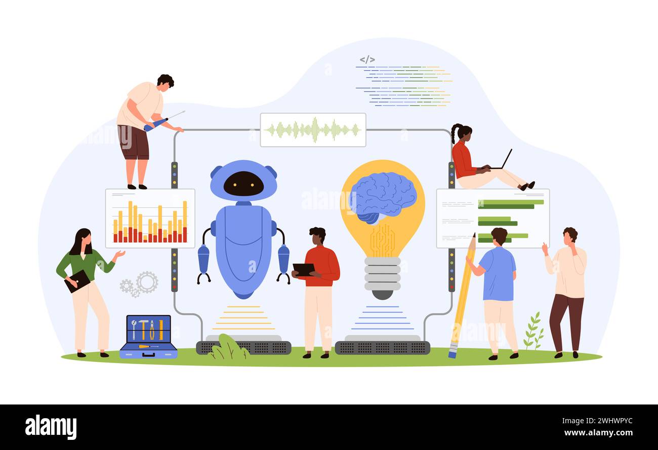 AI innovation technology for data research. Tiny people work with digital mind, brain and microchips inside light bulb and robot android in creative connection system cartoon vector illustration Stock Vector