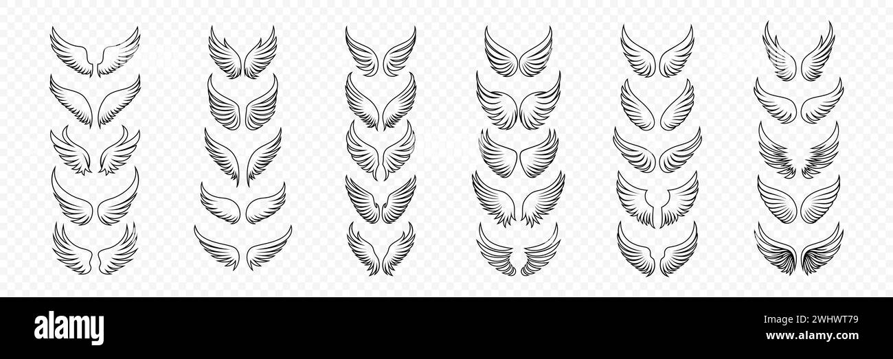 Vector Black and White Wing Icon Set. Vintage Angel Wings Silhouette, Icons, Logo Design Template, Clipart Collection. Cupid, Bird Wings. Vector Stock Vector