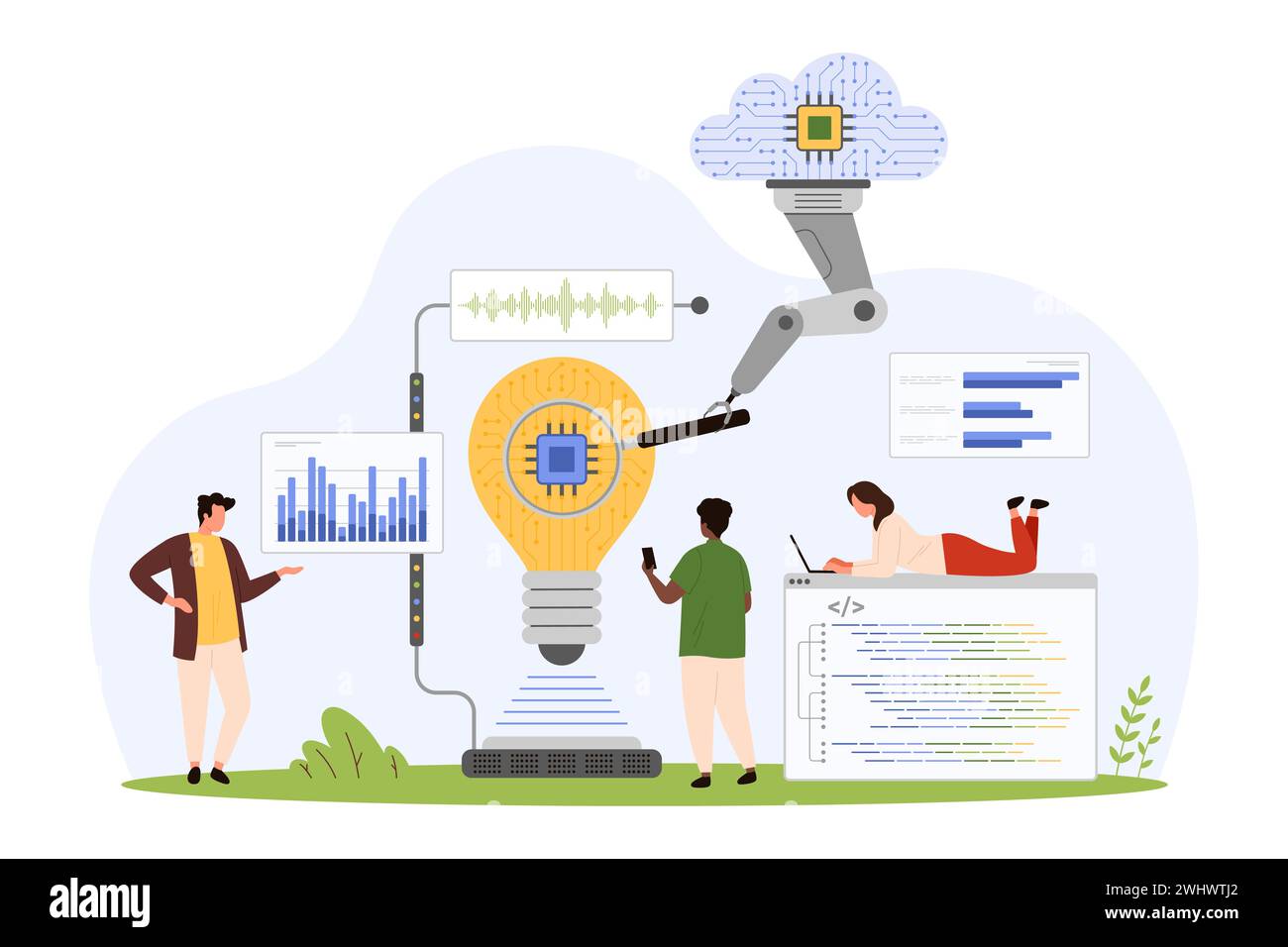 Cloud analysis of digital project, data optimization. Tiny people with ...