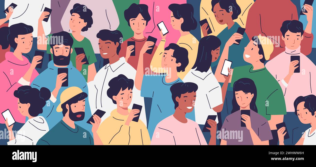 Crowd using smartphones. Many people group smartphone, teens look phone ...