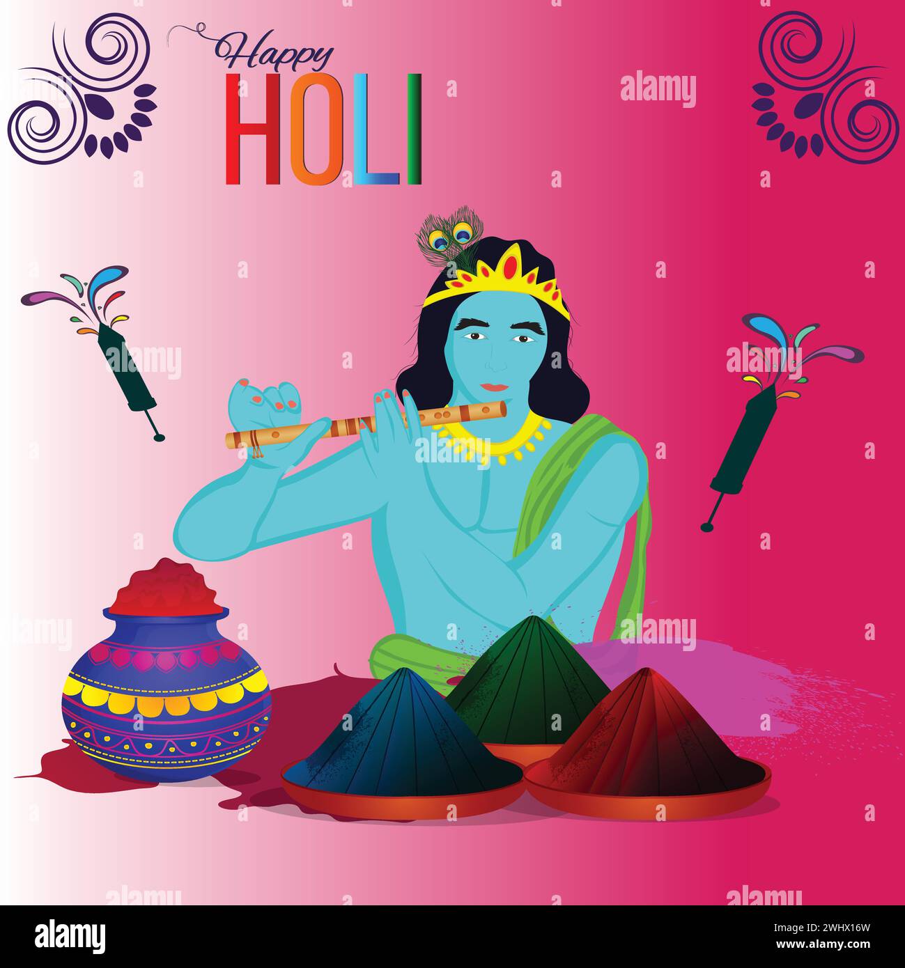 Indian Festival Of Colours, Holi Celebration Concept With Lord Krishna Playing Flute And Color Splash On Background. Stock Vector
