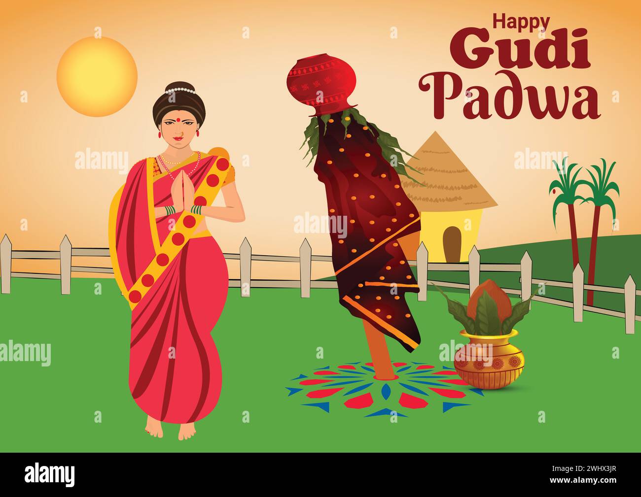 Vector Illustration of Gudi Padwa. New Year Day of Chaitra Month in