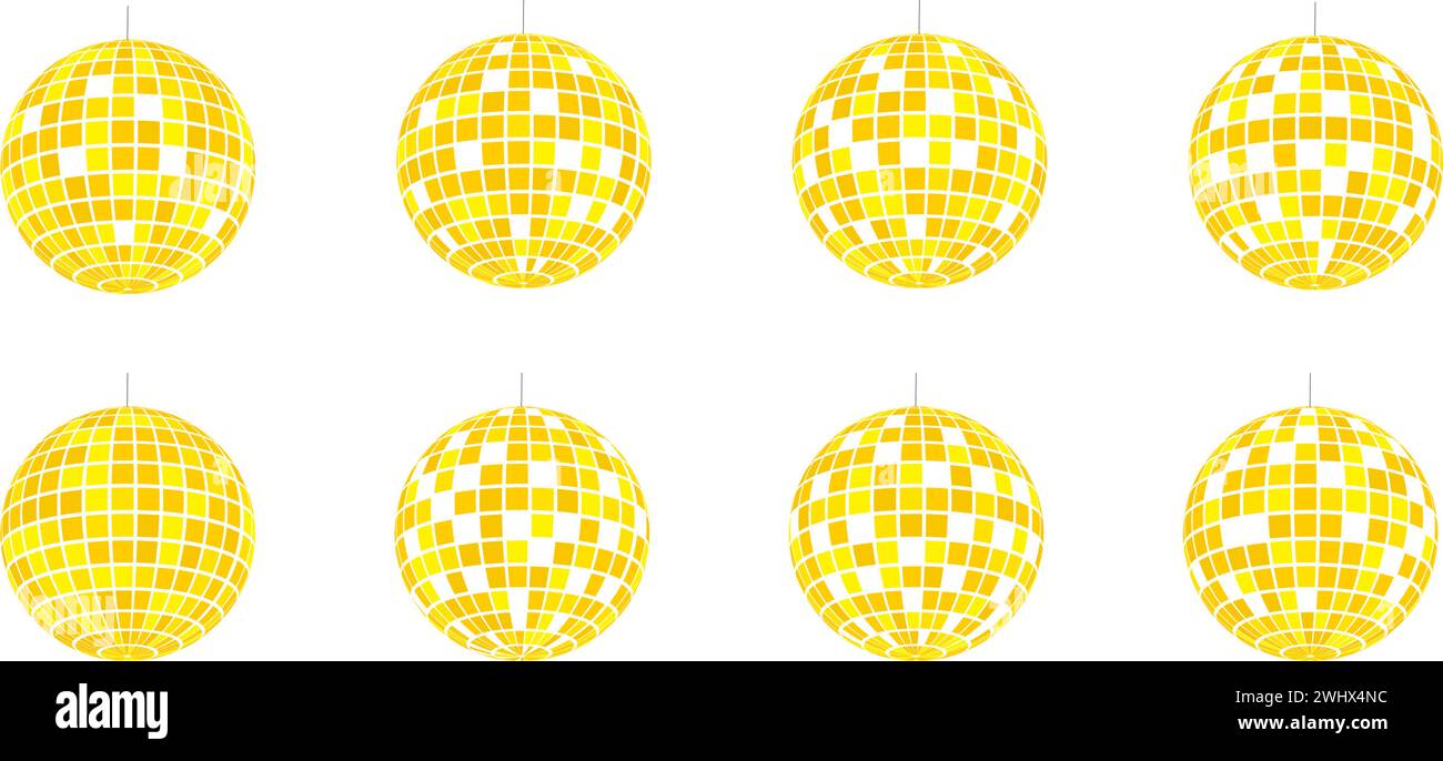 Gold discoball icons. Disco party golden mirrorballs in 70s 80s 90s retro discotheque style. Shining night club globes. Nightlife, holiday, fun Stock Vector