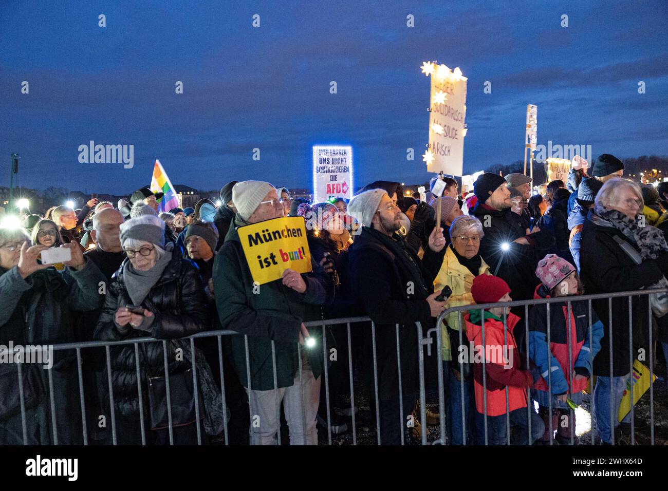 Munich, Germany. 11th Feb, 2024. Hundreds of thousands gathered on the Theresienwiese in Munich, Germany on February 11, 2024 for a so-called sea of lights against right-wing extremism, racism and the AfD. Participants illuminated the square in front of the Bavaria with flashlights, cell phone lights and lamps. The protest was motivated by a Correctiv research published this week on meetings in the Landhaus Adlon where deportation plans were elaborated. (Photo by Alexander Pohl/Sipa USA) Credit: Sipa USA/Alamy Live News Stock Photo