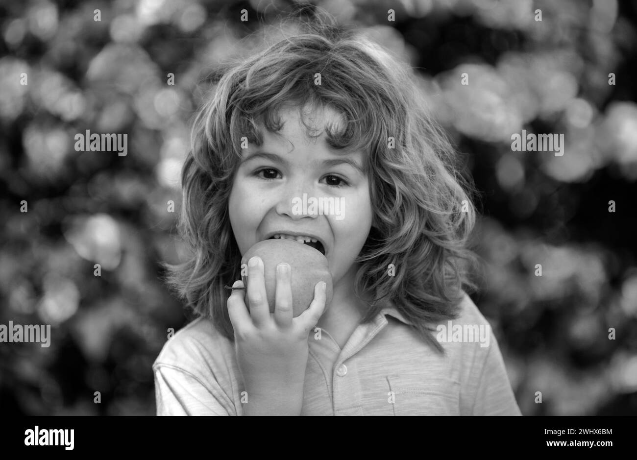 Little cute child eating green apple. Portrait of kid eating and biting an apple. Enjoy eating moment. Healthy food and kid concept. Stock Photo