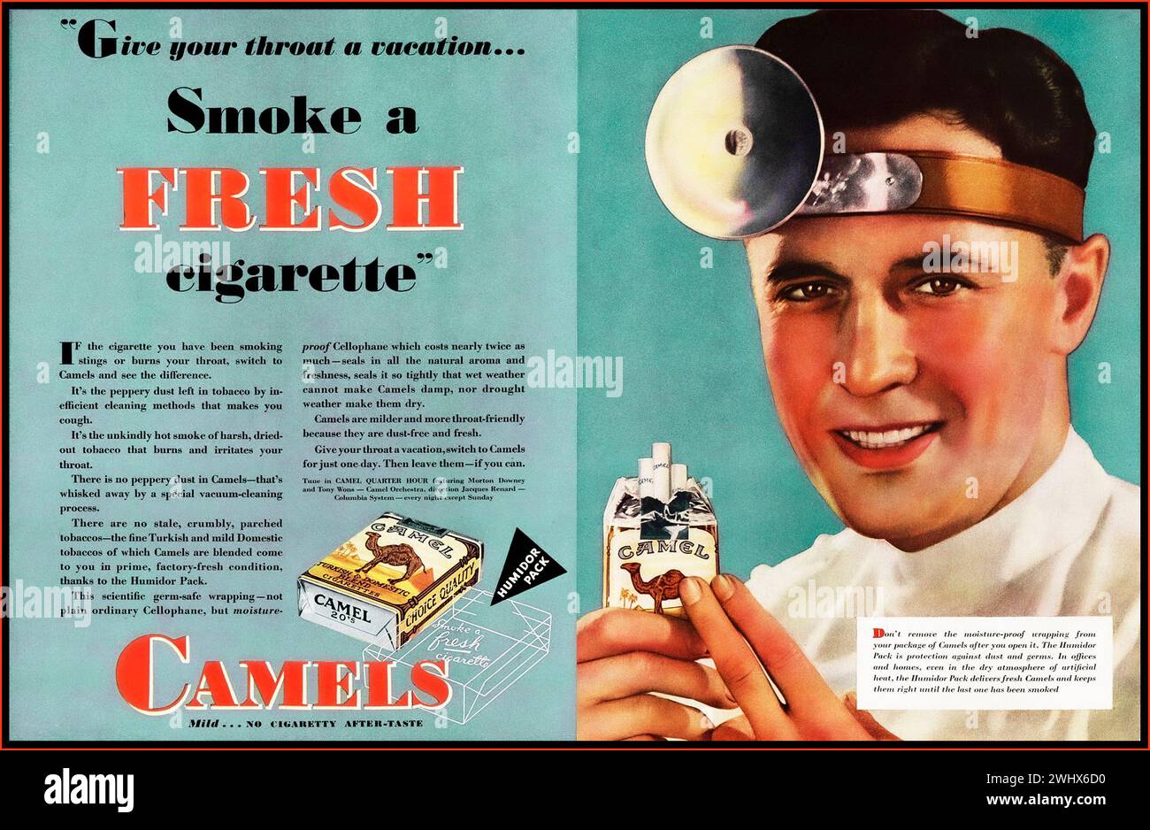 CIGARETTE ADVERTISEMENT 1930s with a Doctors endorsement. Magazine DPS of Camel Cigarettes. 'Give your throat a vacation SMOKE a FRESH cigarette. Stock Photo