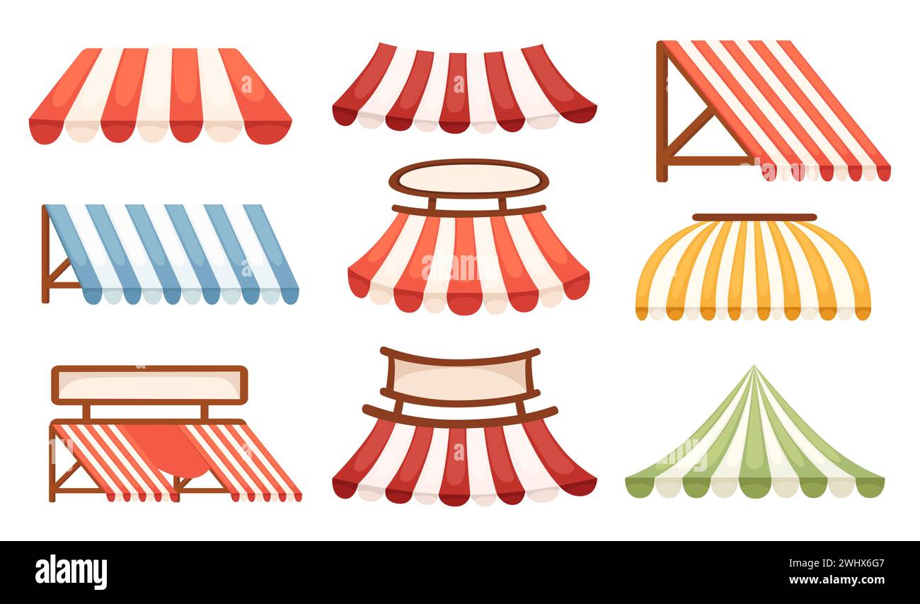 Set of striped sun shade awning shelter for store cafe or market vector