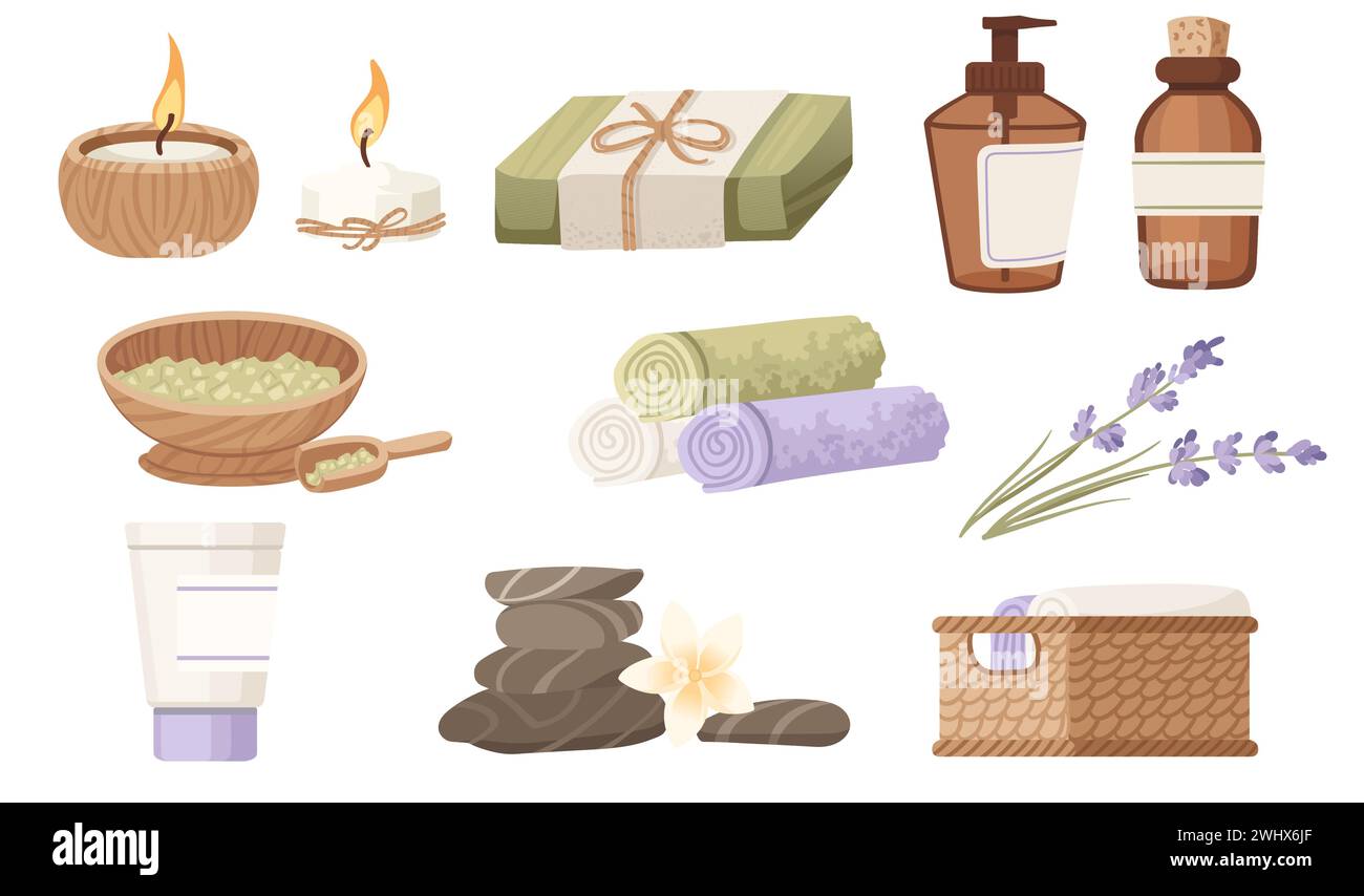 Set of items for bath or spa theme vector illustration isolated on white background Stock Vector