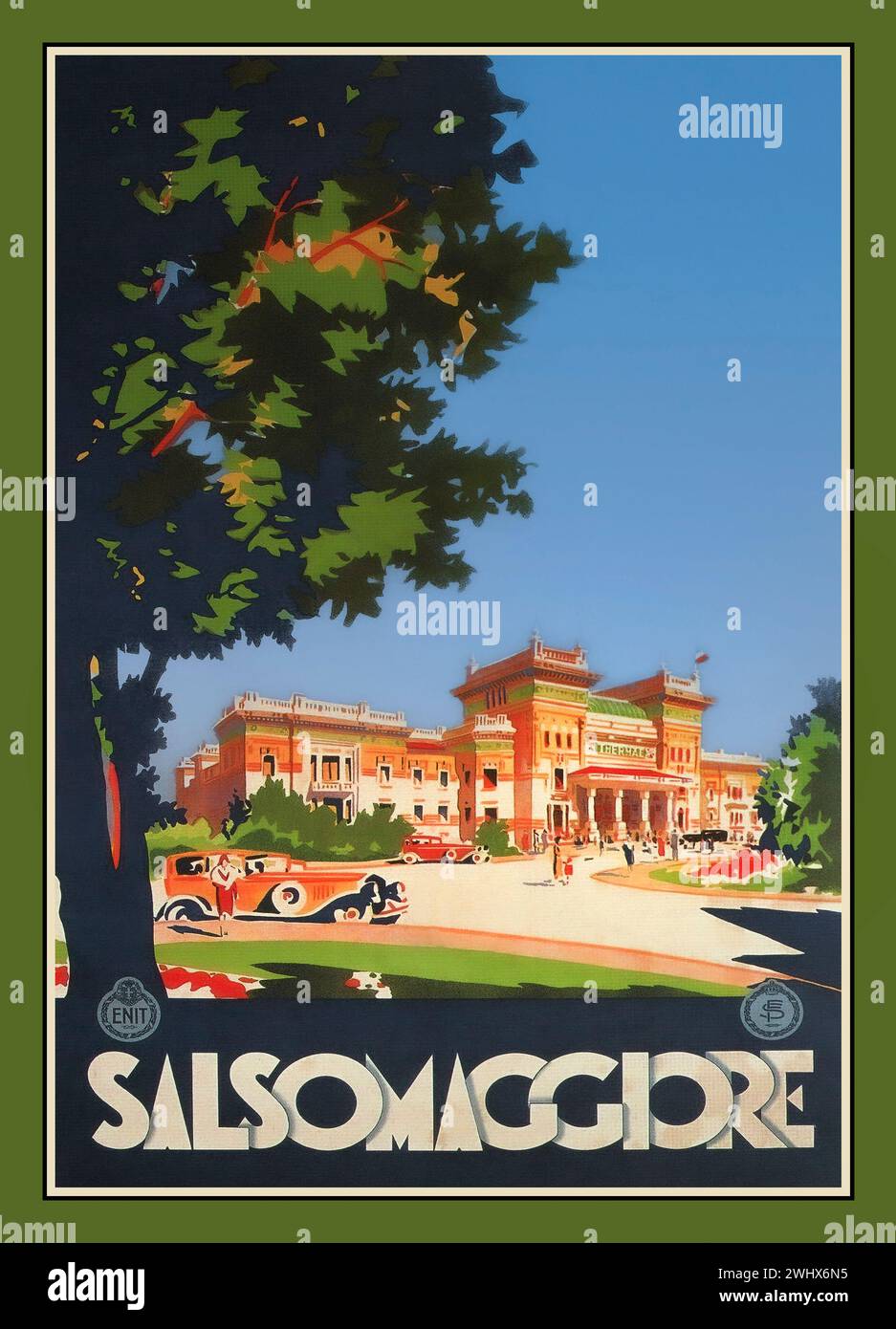 Vintage Travel Poster 'SALSOMAGGIORE' Italy ENIT official Italian 1920s Travel Poster. Salsomaggiore Terme is a town and comune located in the Italian province of Parma, in the region of Emilia-Romagna. Located at the foot of the Apennines, a notable spa town. Stock Photo