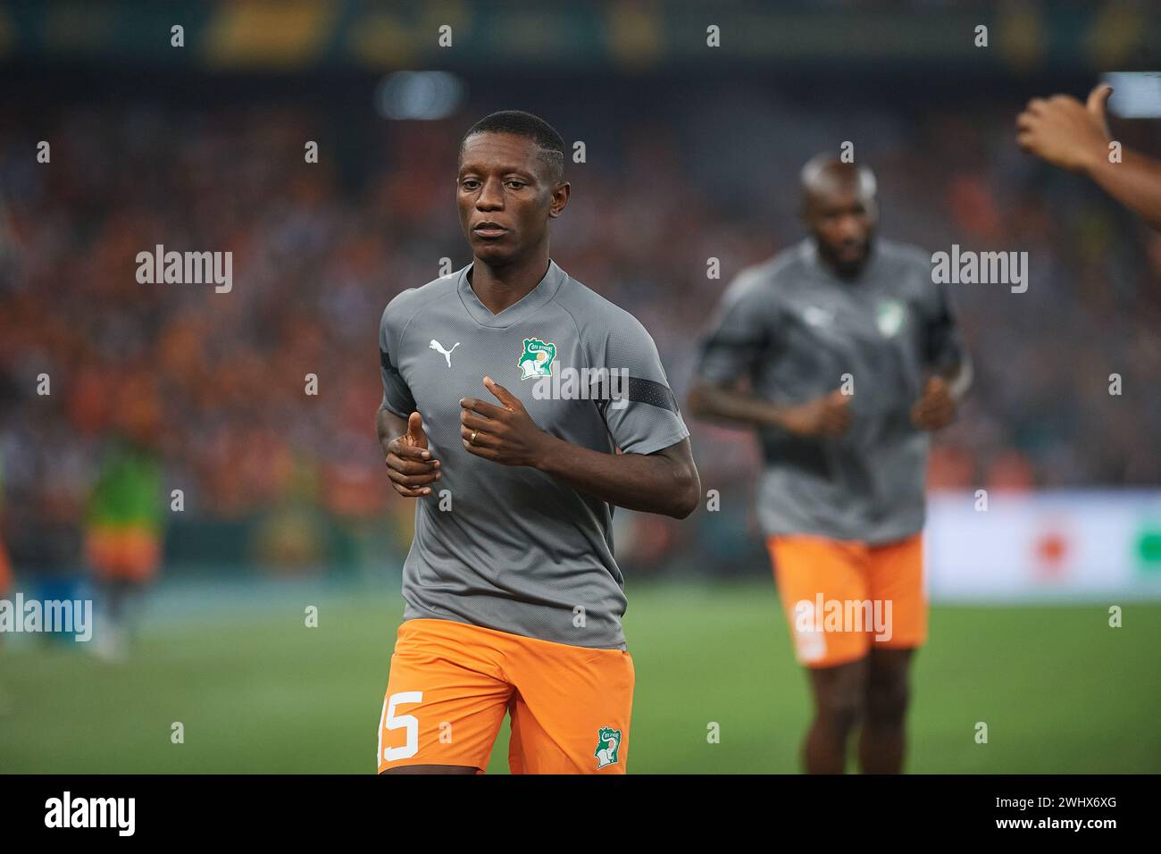 ABIDJAN, IVORY COAST, FRIDAY, FEBRUARY 11, 2024. Ivorians Max Alain Gradel and Seko Fofana during the pre-match warm-up of the 2023 AFCON final. Stock Photo