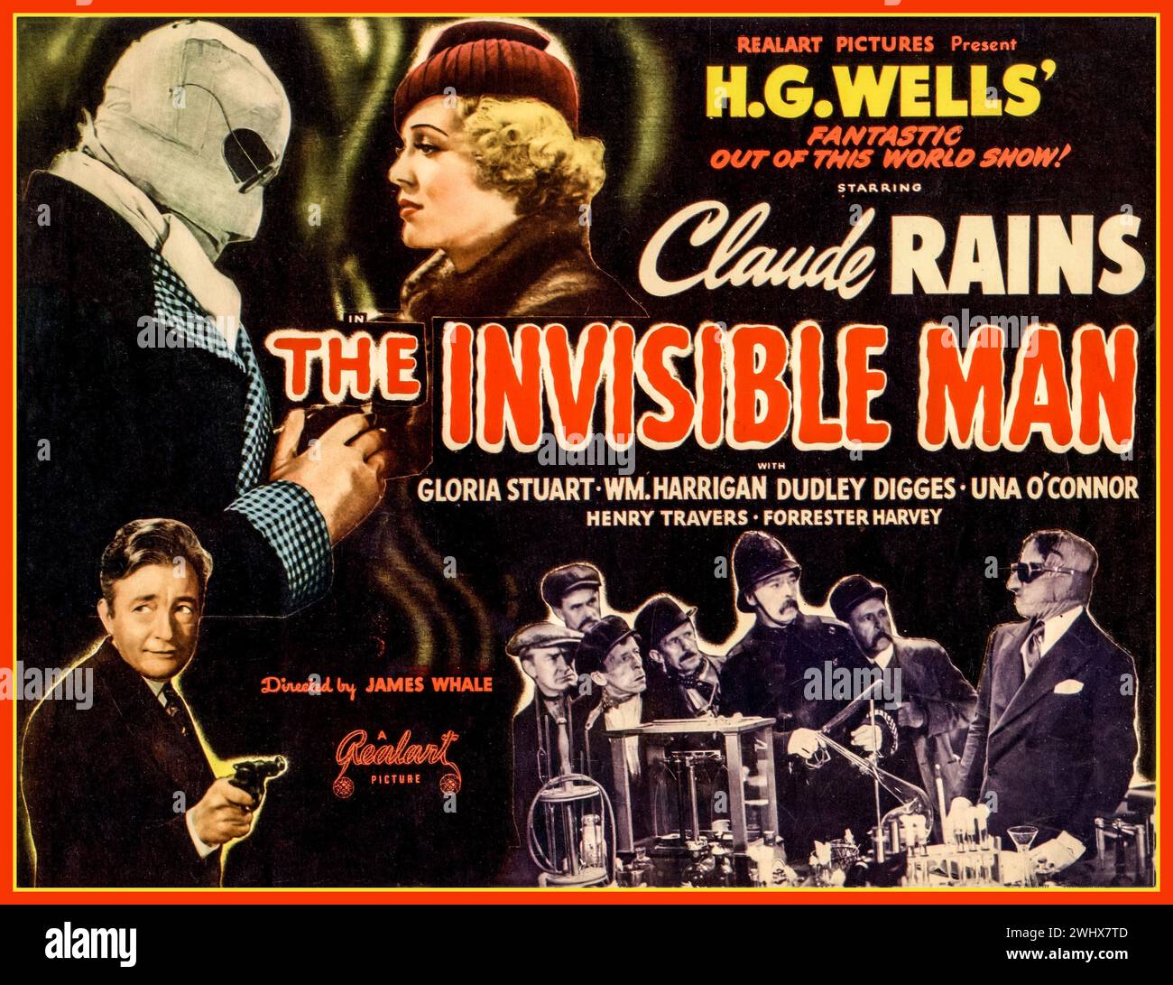 The Invisible Man, vintage movie poster, 1933 American science fiction horror film directed by James Whale based on H. G. Wells' 1897 novel, The Invisible Man, produced by REALART PICTURES, and starring Gloria Stuart, Claude Rains and William Harrigan. The film involves a Dr. Jack Griffin (Rains) who is covered in bandages and has his eyes obscured by dark glasses, the result of a secret experiment that makes him invisible. Realart Pictures Stock Photo