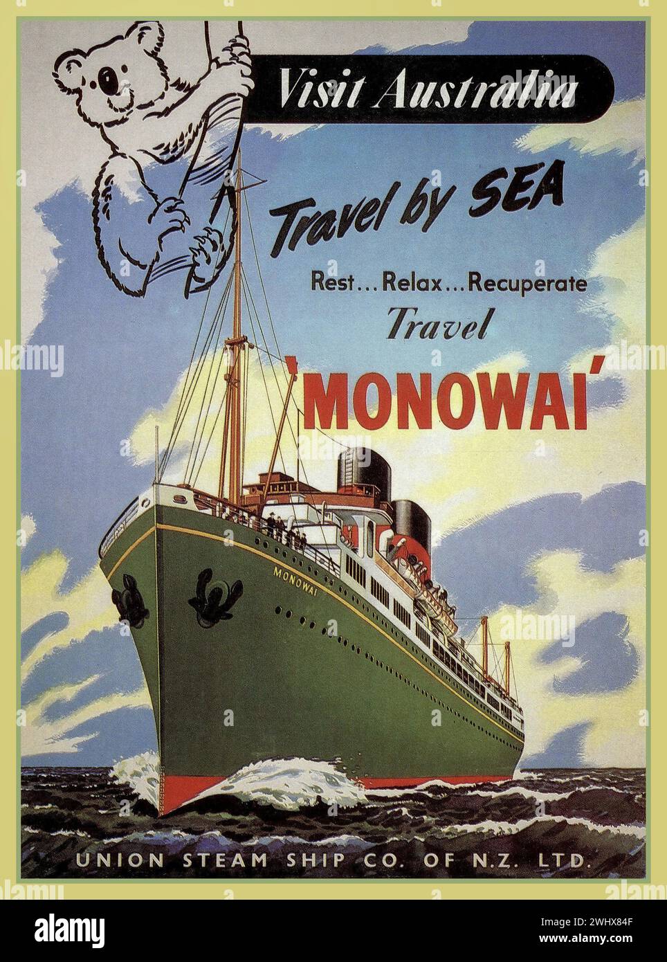 1930s  'VISIT AUSTRALIA' vintage travel poster featuring the two funnel MONOWAI steamship. Travel by Sea, Rest..Relax..Recuperate.. Union Steam Ship Company of NZ Ltd. Stock Photo