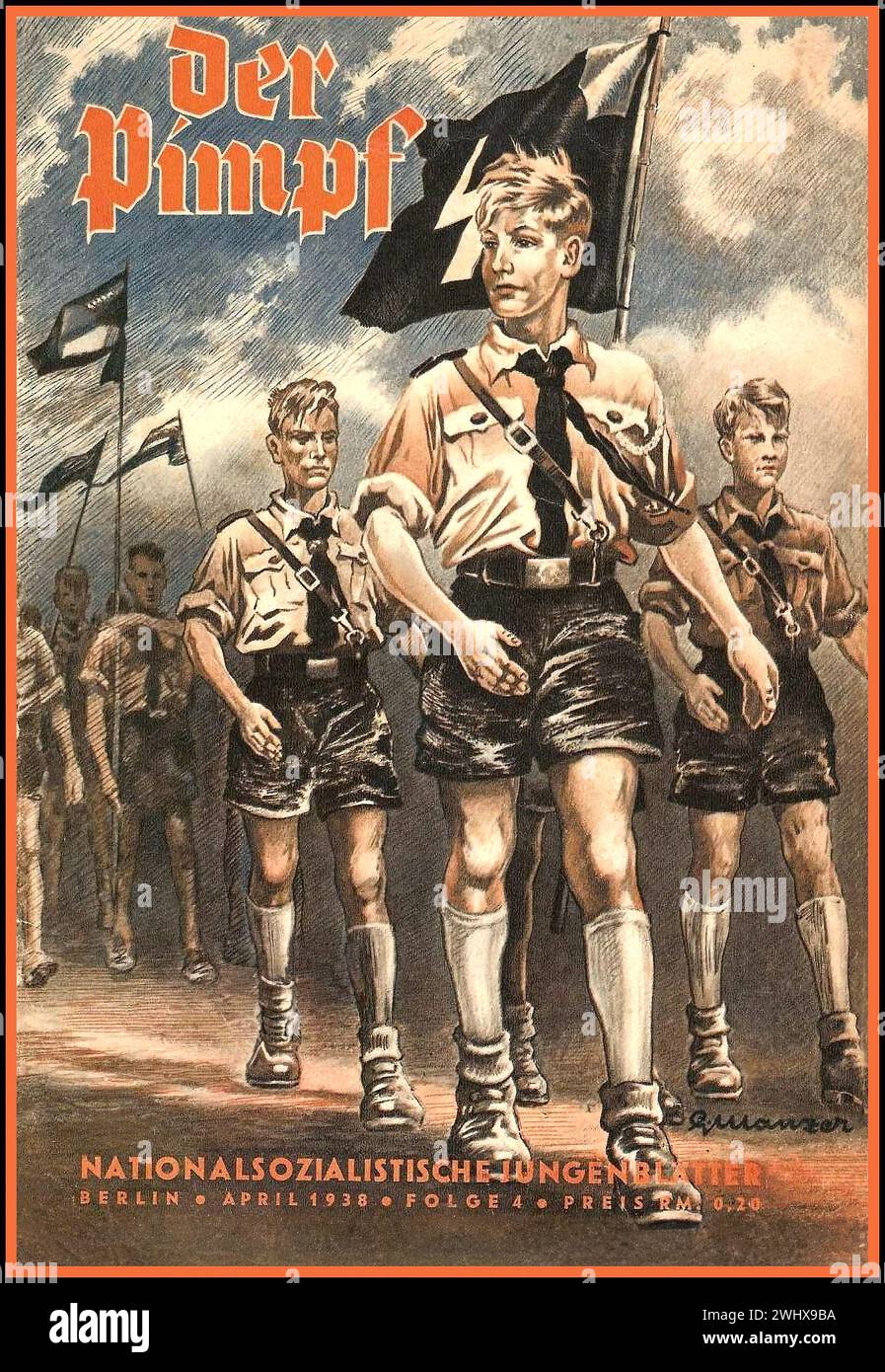 Hitler Youth Propaganda magazine cover 1938 Boys Youths marching carrying Nazi flags  'Der Pimpf'  was the Nazi magazine for boys, particularly those in the Deutsches Jungvolk, with adventure and propaganda. It first appeared in 1935 as Morgen, changing its name to Der Pimpf in 1937; its publication ceased in July, 1944. It included adventures of troops of Hitler Youth Hitlerjugend Stock Photo