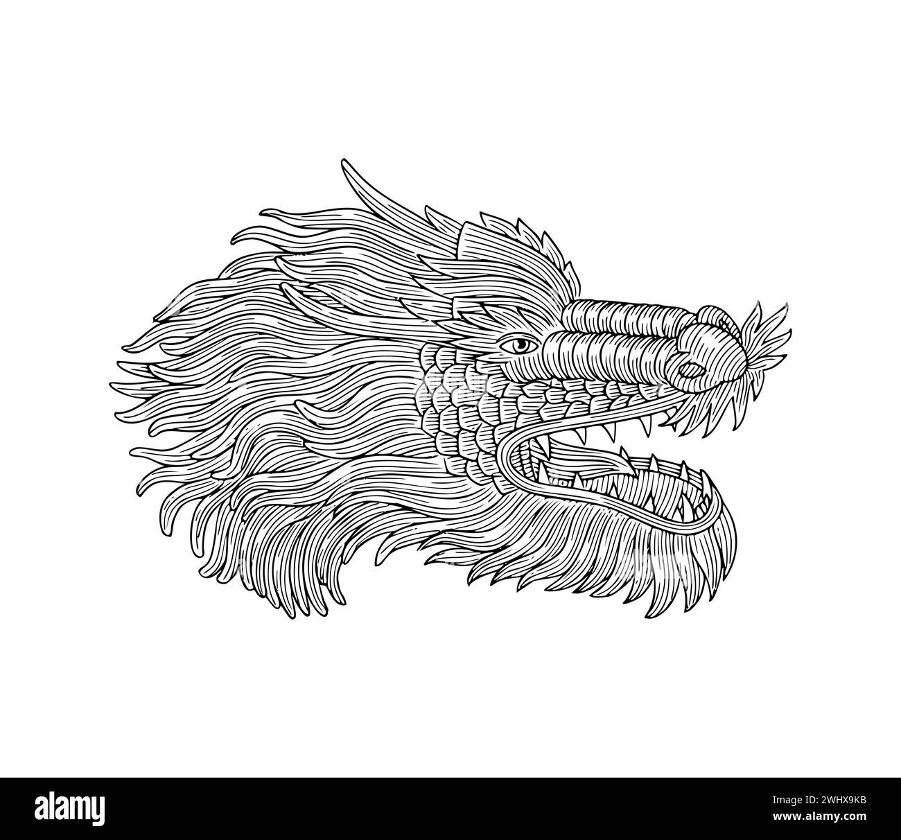 Angry dragon head with wings, vintage engraved drawing style illustration Stock Vector