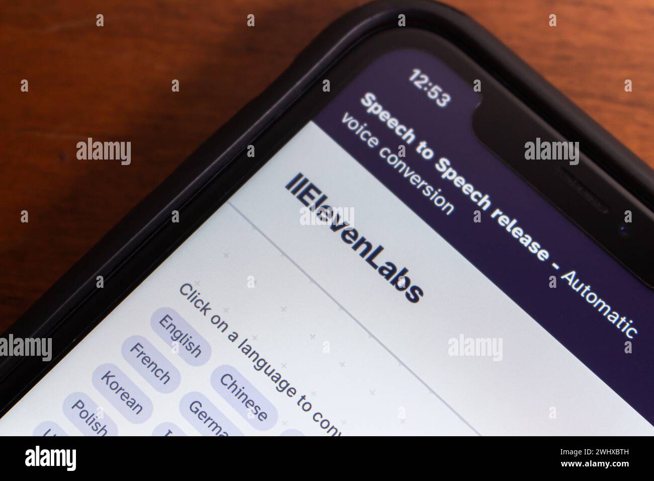 ElevenLabs website seen in iPhone. ElevenLabs is tech company that specializes in developing speech synthesis and text-to-speech software by using AI Stock Photo