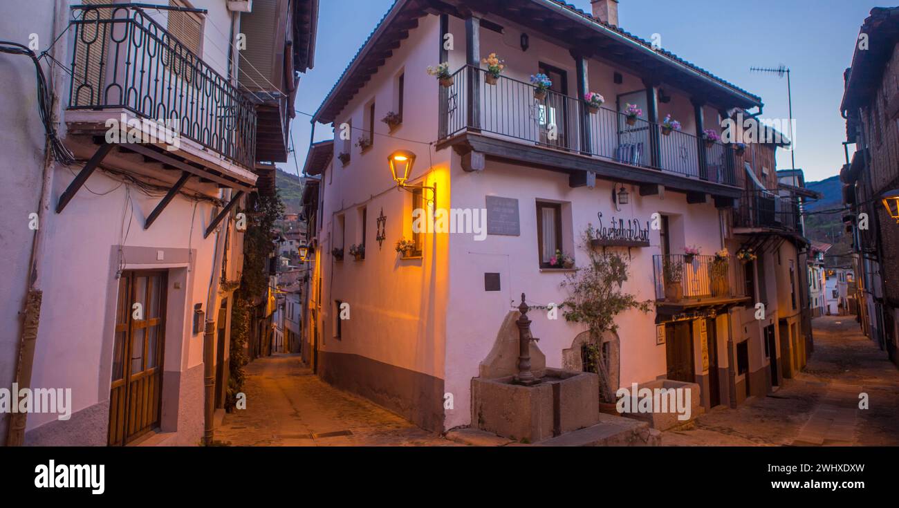 Jewish Quarter corner at dawn, Hervas, Ambroz Valley village. Caceres, Extremadura, Spain Stock Photo