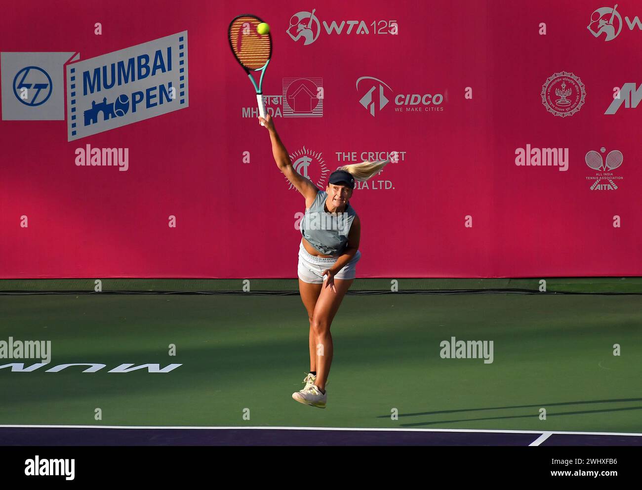 Mumbai, India. 11th Feb, 2024. Dalila Jakupovic of Slovenia plays against Arianne Hartono of Netherlands and Prarthana Thombare of India (not in picture) during the women's doubles final L&T Mumbai Open tennis tournament at Cricket Club of India (CCI). Final score; Arianne Hartono/Prarthana Thombare 0:2 Dalila Jakupovic/Sabrina Santamaria. Credit: SOPA Images Limited/Alamy Live News Stock Photo