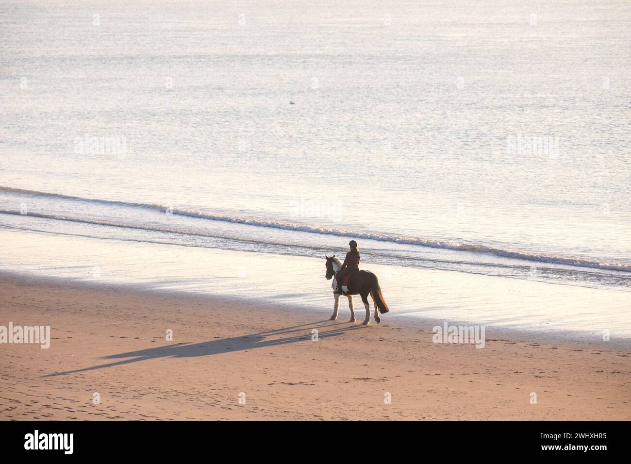 Woman riding horse on sea beach Stock Photo