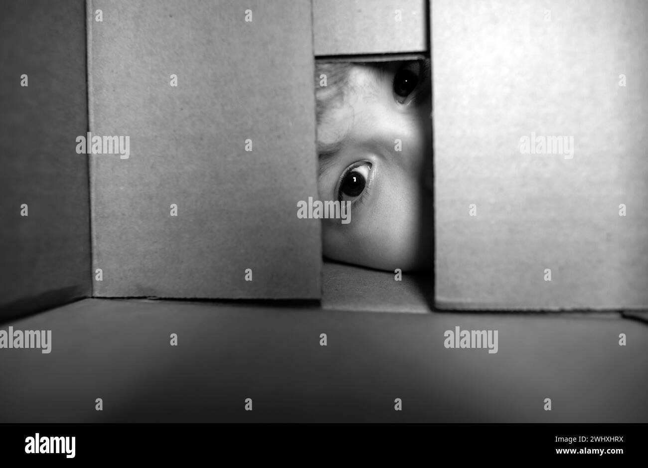 Excited child boy looking into the box, shipping cardboard box. Closeup eyes looking. Stock Photo
