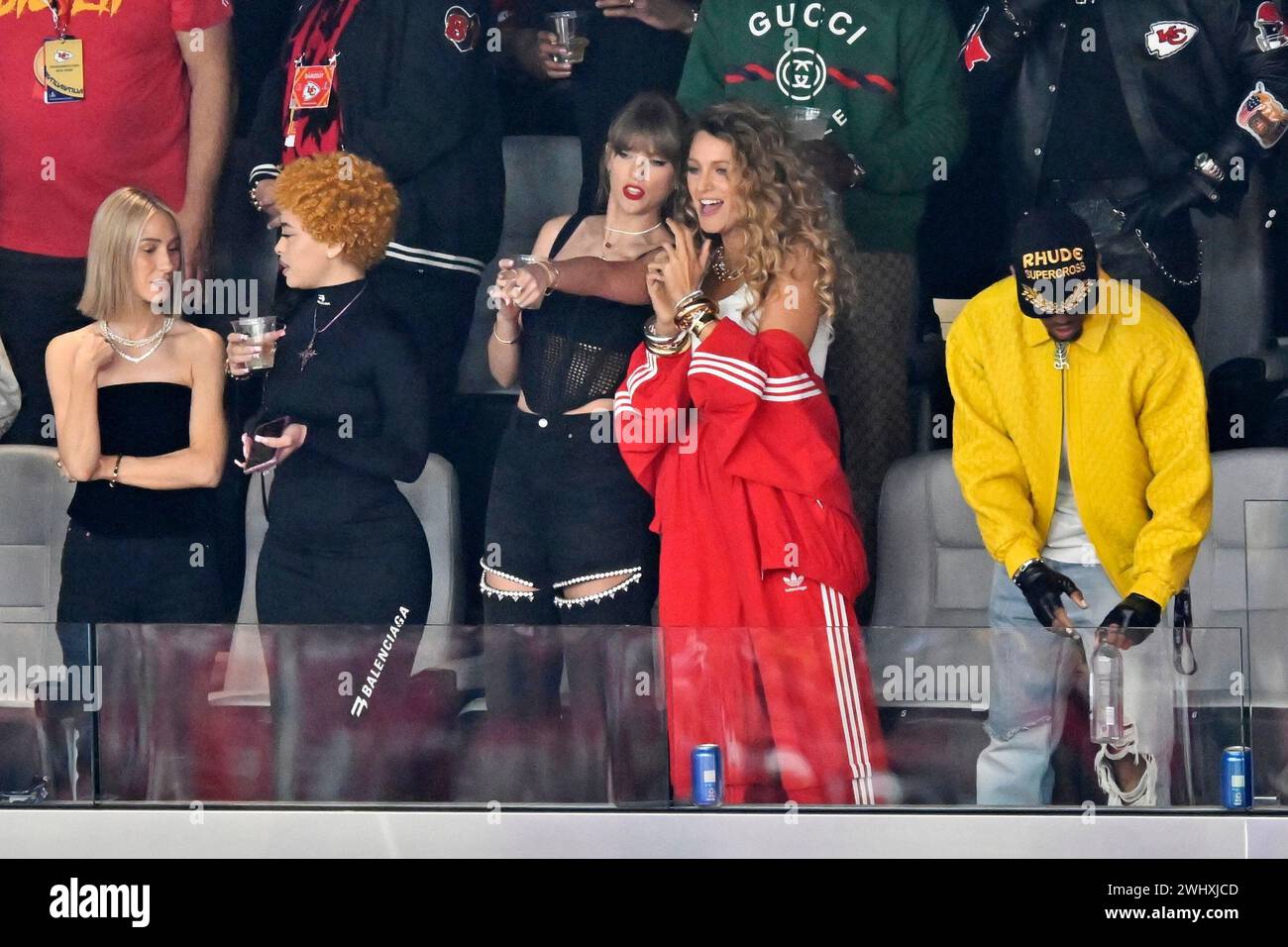 Ashley Avignone, from left, Ice Spice, Taylor Swift and Blake Lively