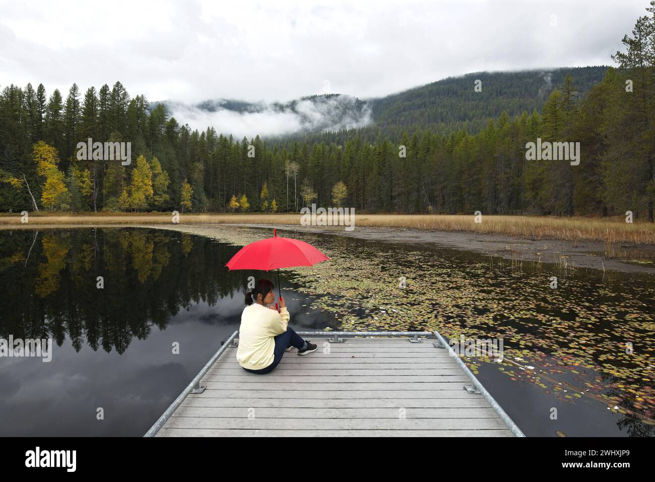 Woman sits on dock holding umbrella. Stock Photo