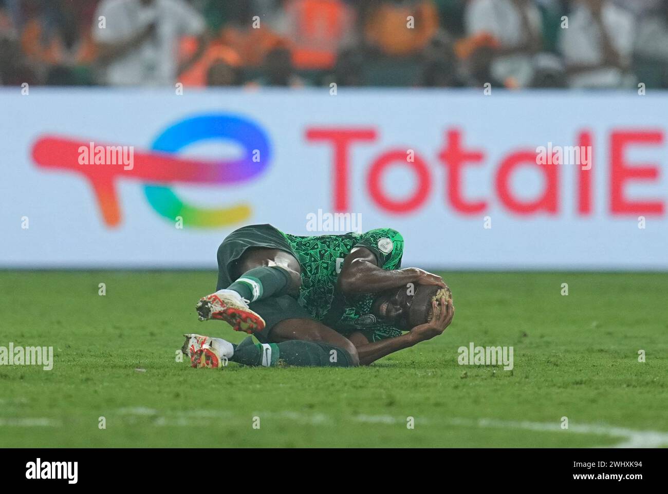 February 11 2024: Victor James Osimhen (Nigeria) on the ground during a African Cup of Nations - Final game, Ivory Coast vs Nigeria, at Alassane Ouattara Stadium, Abidjan, Ivory Coast. Kim Price/CSM (Credit Image: © Kim Price/Cal Sport Media) Stock Photo