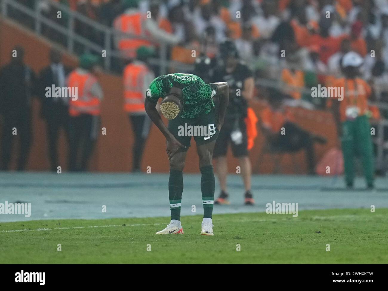 February 11 2024: Victor James Osimhen (Nigeria) on the ground during a African Cup of Nations - Final game, Ivory Coast vs Nigeria, at Alassane Ouattara Stadium, Abidjan, Ivory Coast. Kim Price/CSM (Credit Image: © Kim Price/Cal Sport Media) Stock Photo