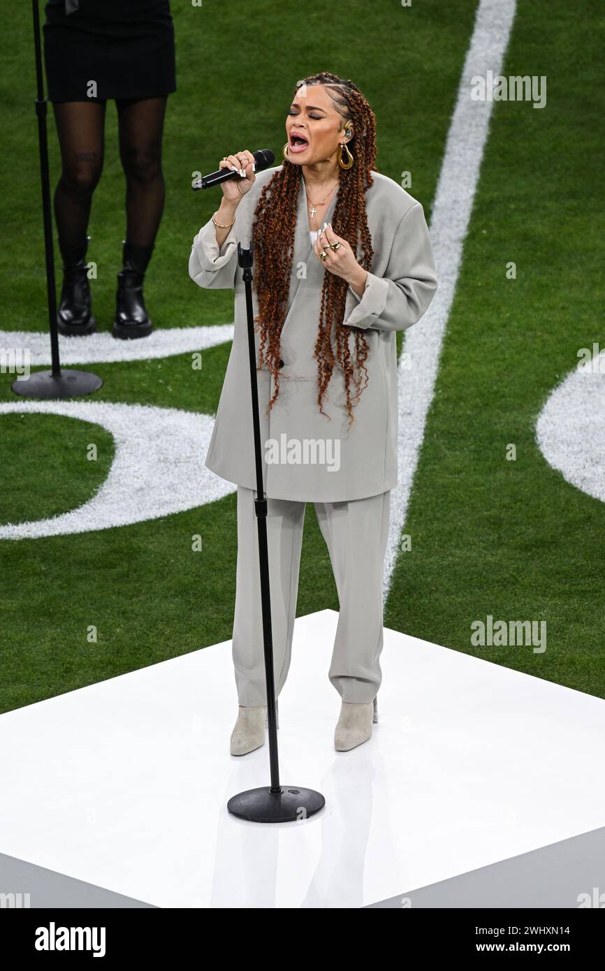 Las Vegas, USA. 11th Feb, 2024. Andra Day sings a rendition of “Lift