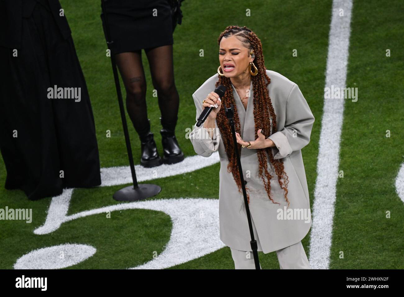 Las Vegas, USA. 11th Feb, 2024. Andra Day sings a rendition of “Lift