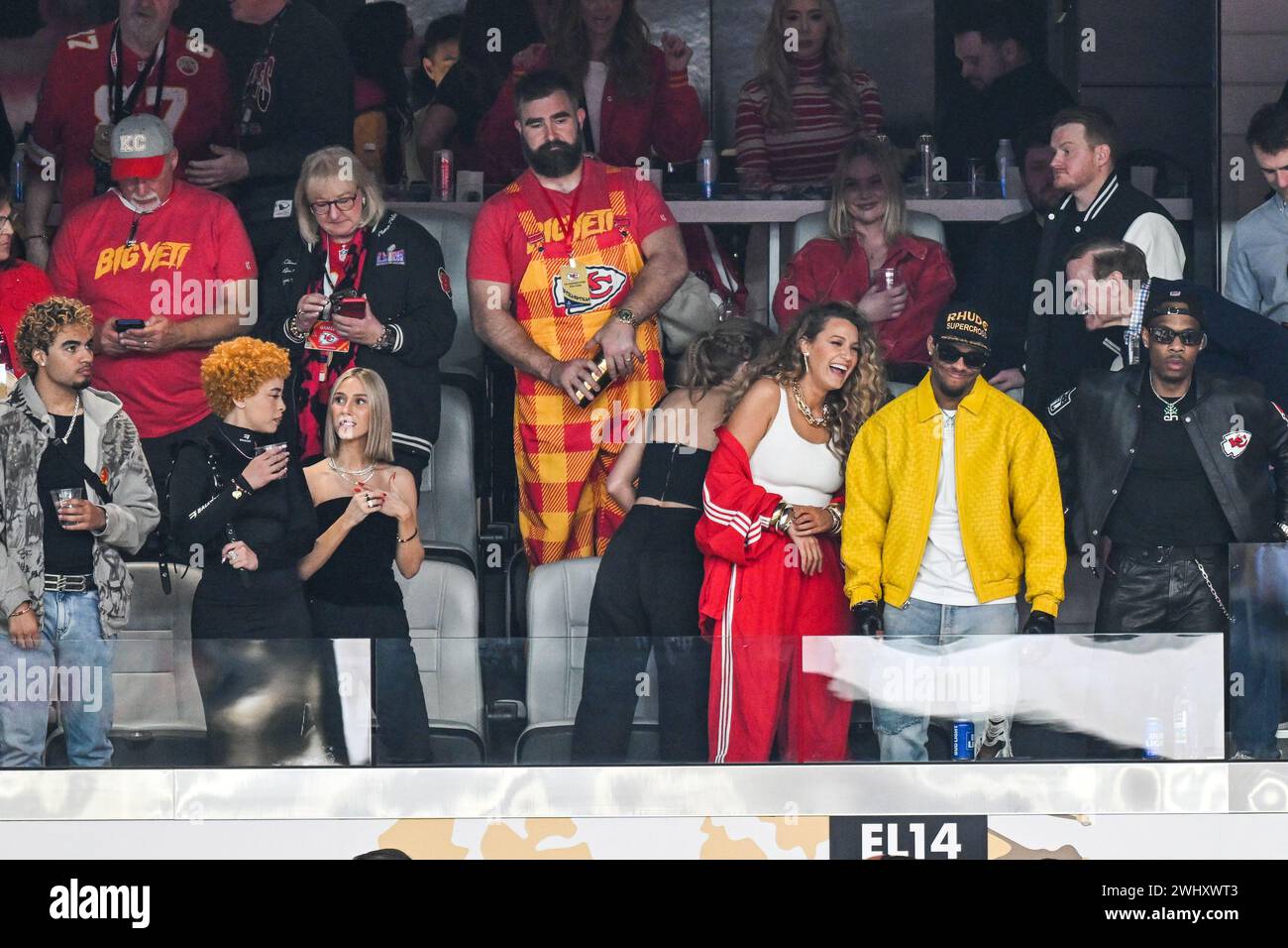 Las Vegas, USA. 11th Feb, 2024. Ice Spice, Brittany Mahomes, Jason Kelce (second row), Taylor Swift, Blake Lively attend Super Bowl LVIII between the San Francisco 49ers and the Kansas City Chiefs held at Allegiant Stadium in Las Vegas, Nevada on February 11, 2024.(Photo by Anthony Behar/Sipa USA) Credit: Sipa USA/Alamy Live News Stock Photo