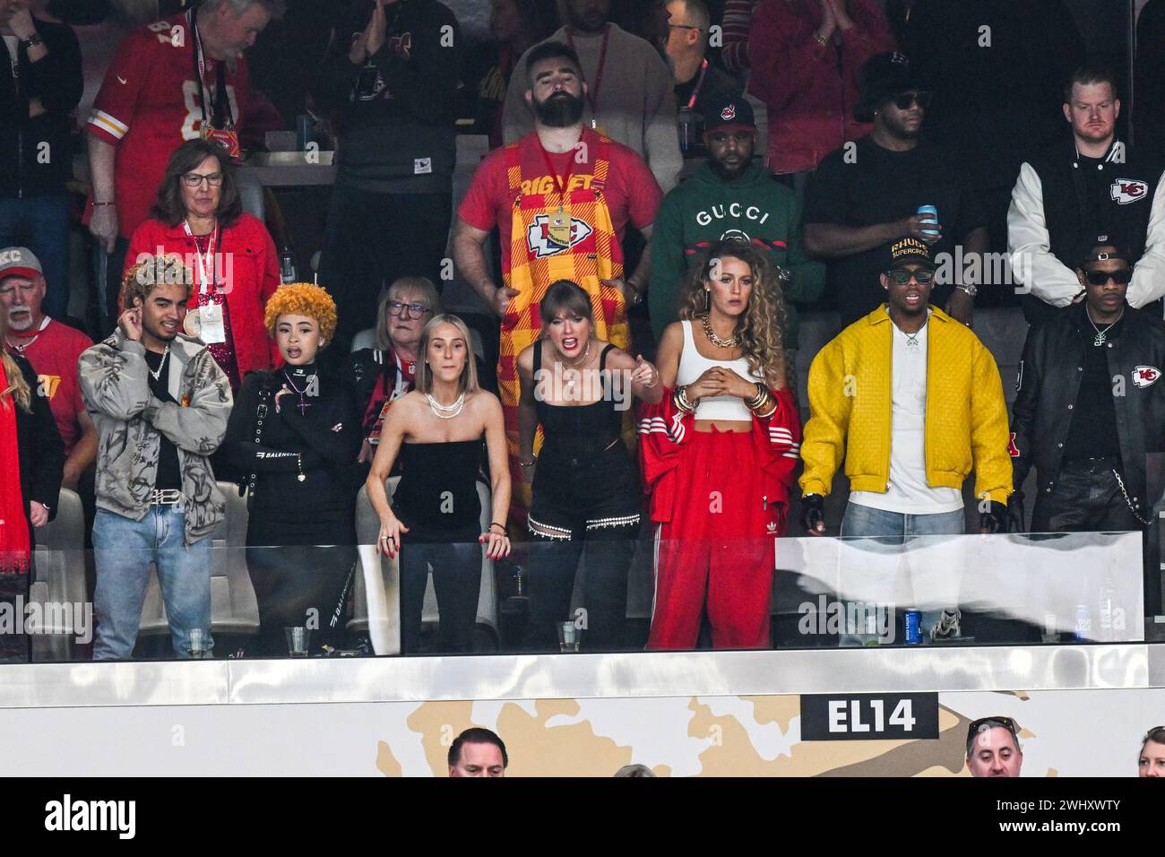 Las Vegas, USA. 11th Feb, 2024. Ice Spice, Brittany Mahomes, Jason Kelce (second row), Taylor Swift, Blake Lively attend Super Bowl LVIII between the San Francisco 49ers and the Kansas City Chiefs held at Allegiant Stadium in Las Vegas, Nevada on February 11, 2024.(Photo by Anthony Behar/Sipa USA) Credit: Sipa USA/Alamy Live News Stock Photo