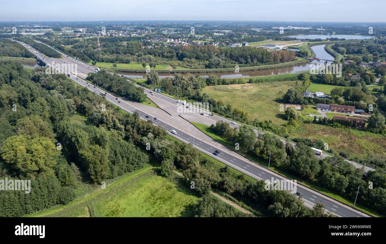 Mechelen, Antwerp Province, Belgium, 06 09 2023, Aerial view of the E19 highway between Brussels and Antwerp with traffic, high Stock Photo