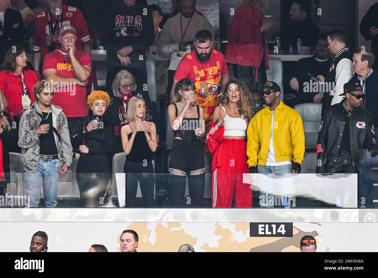 Las Vegas, USA. 11th Feb, 2024. Ice Spice, Brittany Mahomes, Jason Kelce (second row), Taylor Swift, Blake Lively attend Super Bowl LVIII between the San Francisco 49ers and the Kansas City Chiefs held at Allegiant Stadium in Las Vegas, Nevada on February 11, 2024.(Photo by Anthony Behar/Sipa USA) Credit: Sipa USA/Alamy Live News Stock Photo