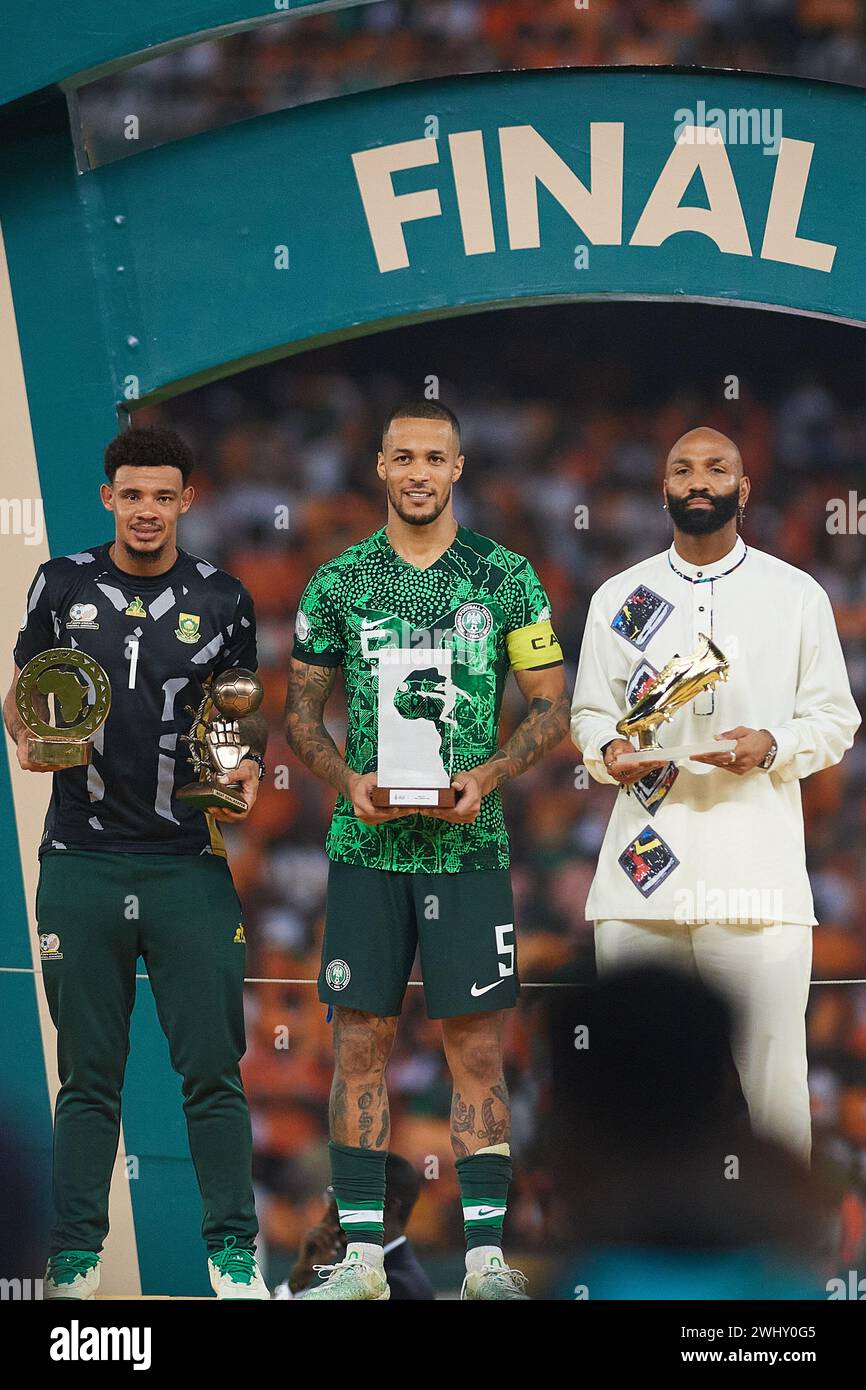 AFACON FINAL, ABIDJAN, IVORY COAST, FRIDAY, FEBRUARY 11, 2024.Best Goalkeeper Ronwen Williams, Best Player William Troost-Ekong and Top Scorer Emilio Nsue of the 2023 AFCON. Stock Photo