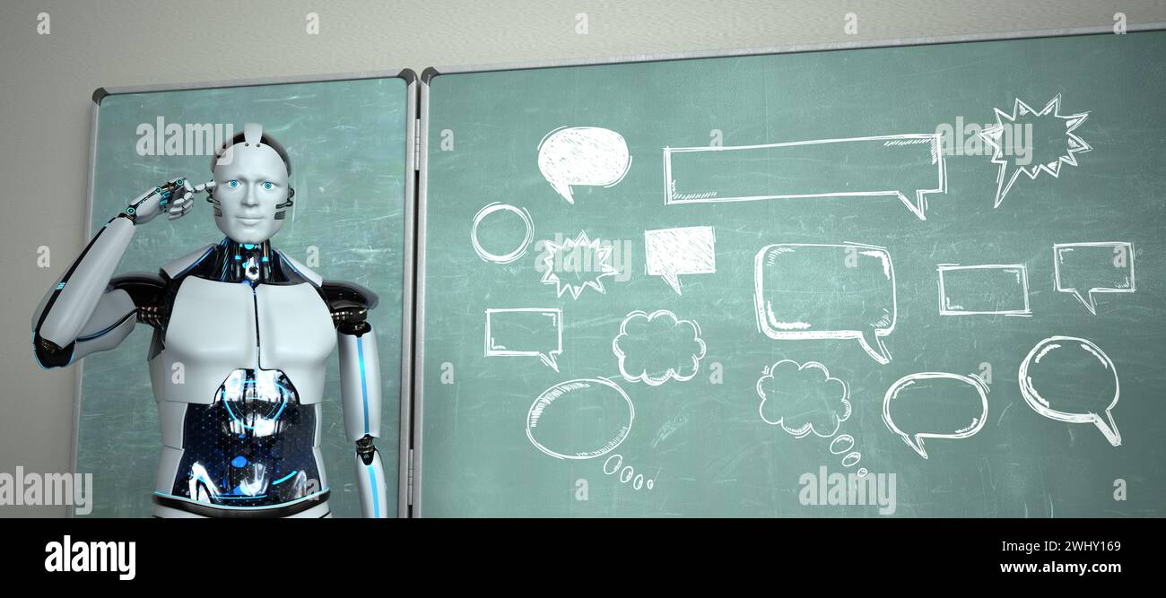 Humanoid Robot Chalkboard Teacher Speech Bubbles Stock Photo